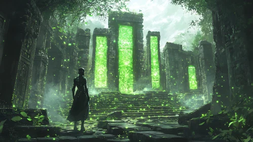 Ancient Ruins and Luminous Green Portals