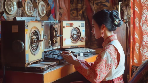 Vintage Asian Woman Operating Steampunk Device