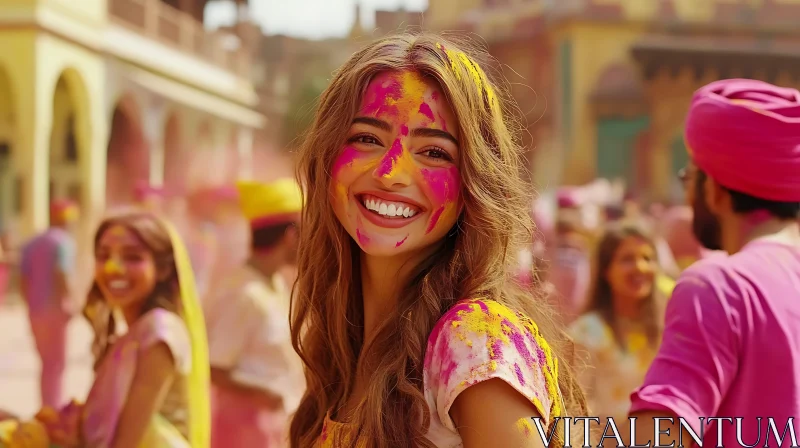 Colorful Holi Celebration: Woman's Joyful Smile AI Image