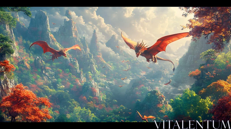 Fantasy Dragons Over Mountainous Terrain AI Image