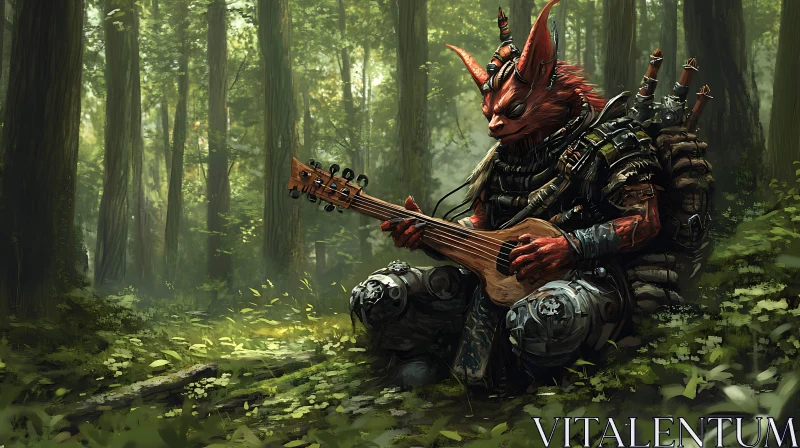 AI ART Red Creature Guitarist in Forest Scene