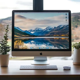 Mountain Landscape Wallpaper on iMac with Desk Plants