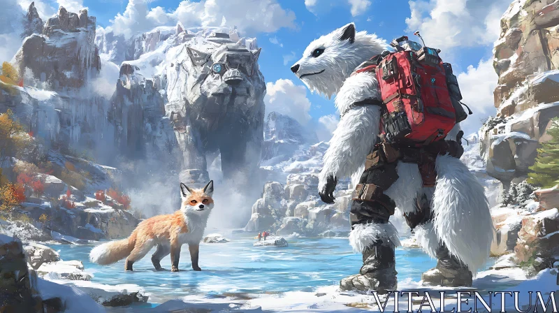 Arctic Companions: A Fox and Bear Journey AI Image