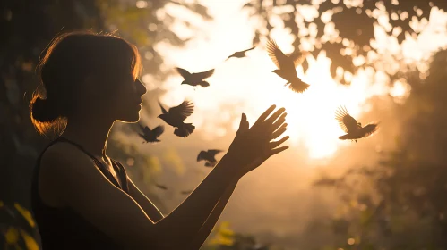 Silhouette of Woman and Birds