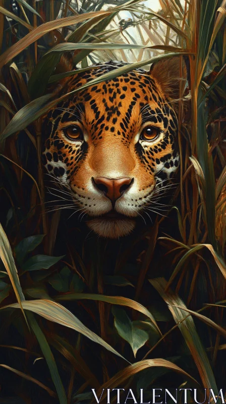 Leopard Peering Through Leaves AI Image