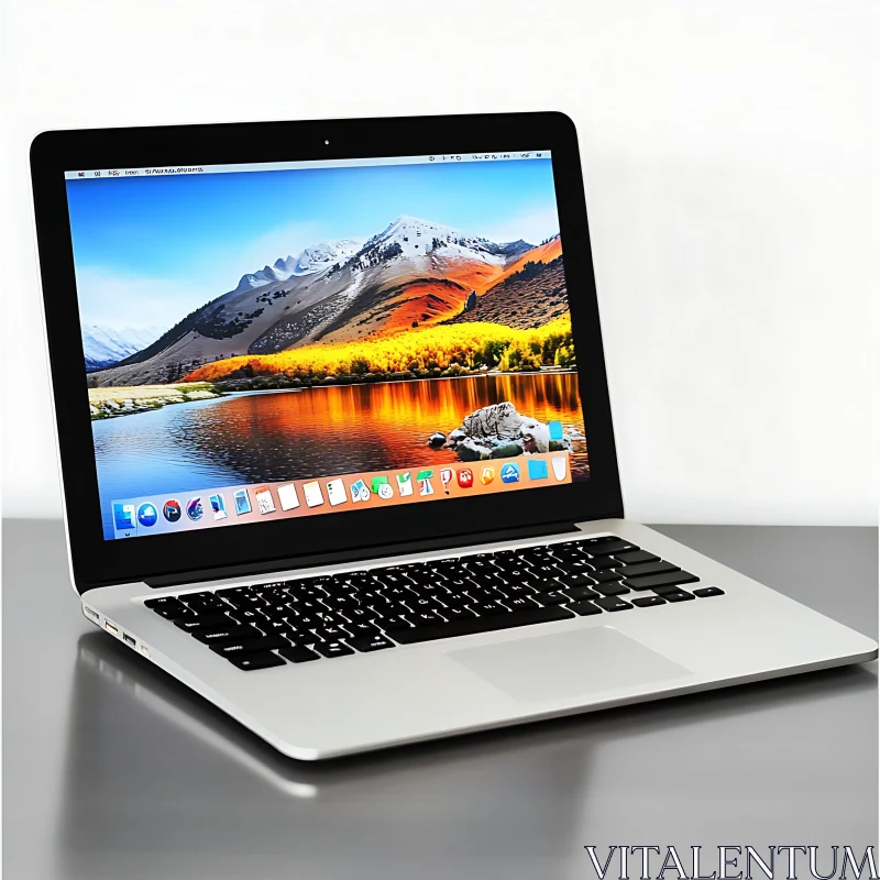 MacBook with Scenic Mountain Reflection Background AI Image