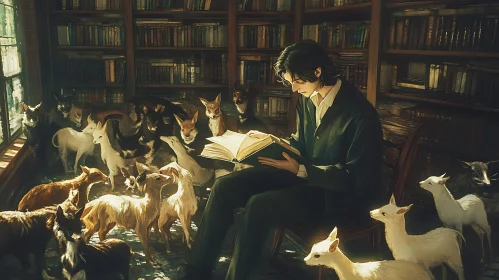 Man Reading to Deer in Old Library