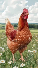 Chicken with Daisies in a Lush Field