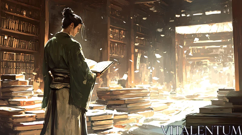 AI ART Serene Library Scene with Reader