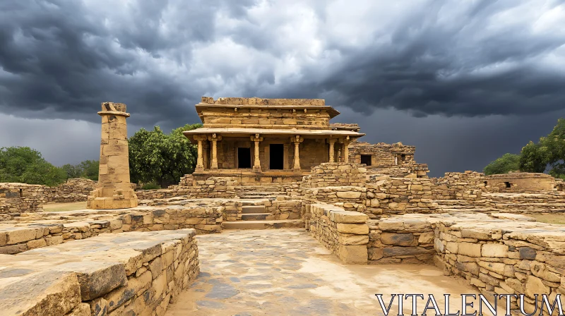 Historic Stone Building with Dark Clouds AI Image