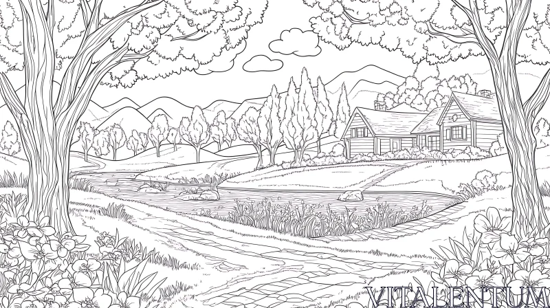 Detailed Landscape Line Drawing with Cabin AI Image