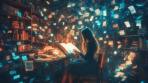 Woman Reading in Magical Floating Notes Library