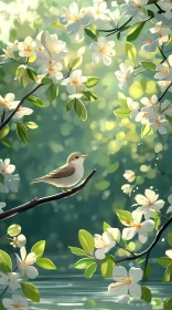 Serene Bird Perched Amidst Spring Blossoms