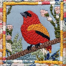 Handmade Bird Embroidery with Floral Design