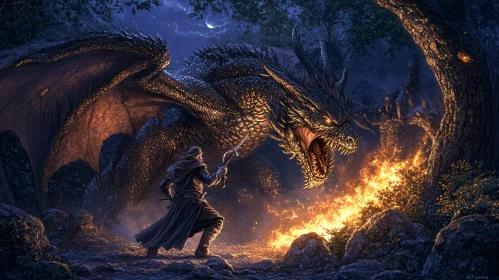 Warrior Confronts Dragon in Fiery Standoff