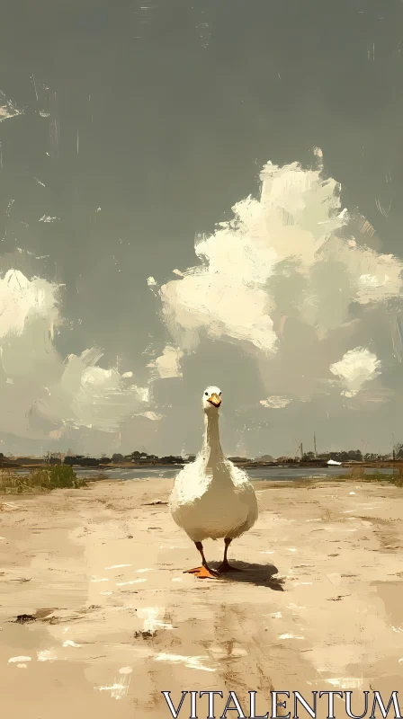 Goose on Sand with Cloudy Backdrop AI Image