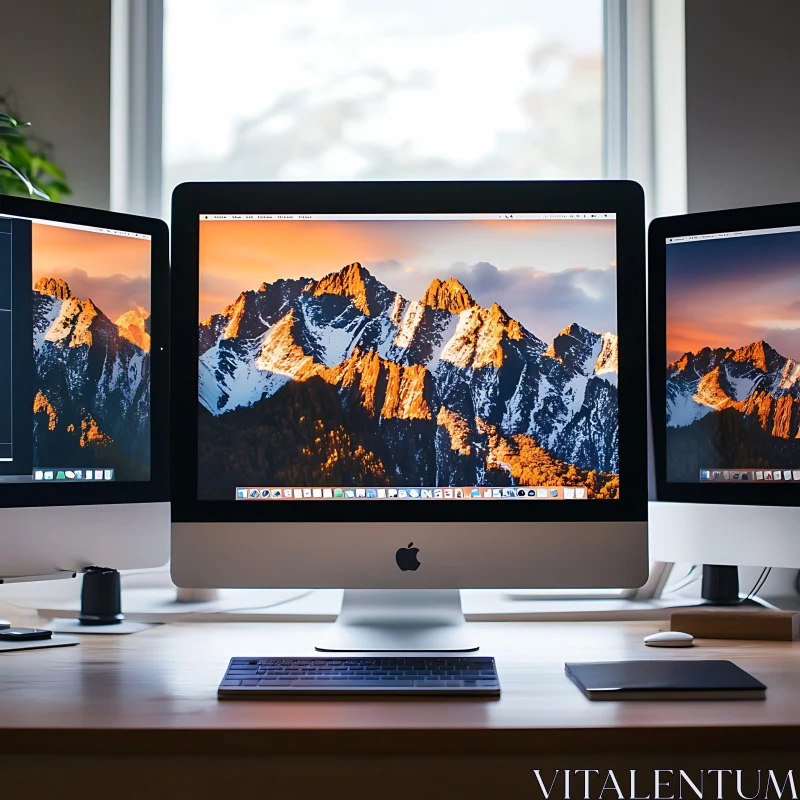 Contemporary Desk Setup with 3 Monitors AI Image