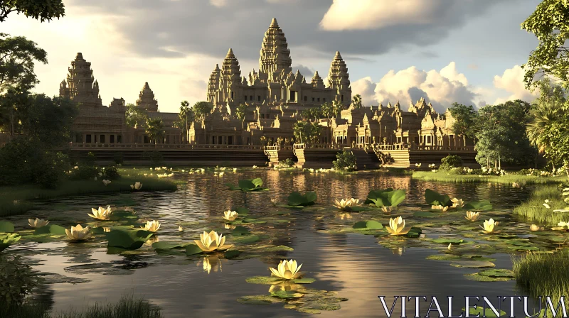 Serene Temple and Lotus Blossom Scene AI Image