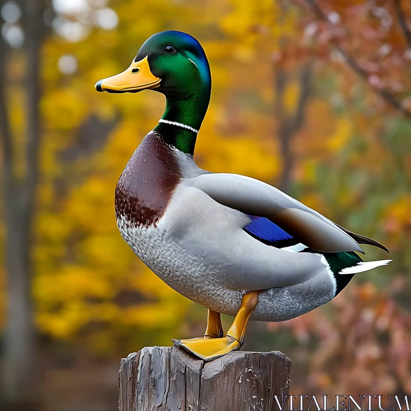 Mallard Duck on Wooden Post AI Image