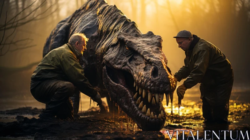 Ancient World: Two Men Confronting a T-Rex in the Mud with Cinematic Lighting AI Image