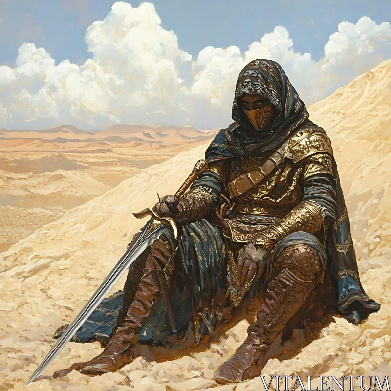 AI ART Golden Armored Warrior in Desert Landscape