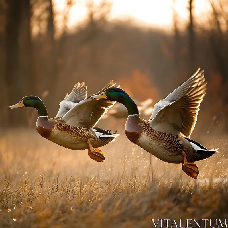 Mallards Taking Flight at Sunset AI Image