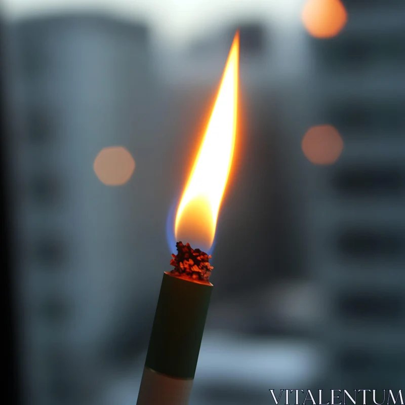 Cigarette with Flame in Front of Blurred Cityscape AI Image