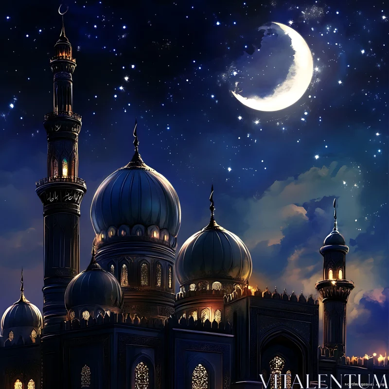 Moonlit Mosque Amidst a Starry Expanse AI Image