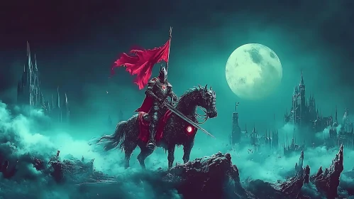 Medieval Knight on Horseback Under Moonlight