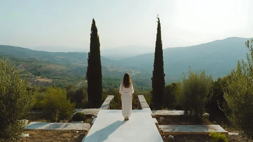 Scenic Mountain View with Woman in White