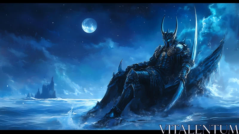 AI ART Moonlit Warrior on His Throne