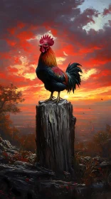 Rooster on Stump with Sunset