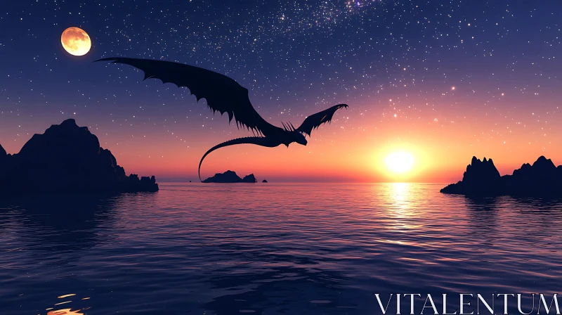 AI ART Sunset Dragon Silhouette Over Water