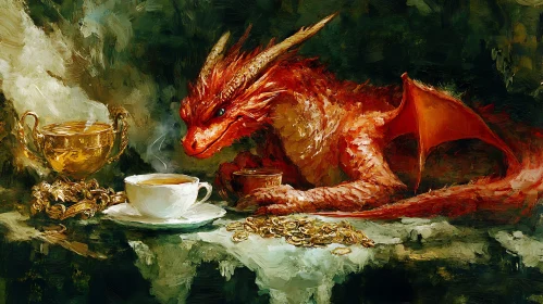 Red Dragon Sipping Tea with Gold