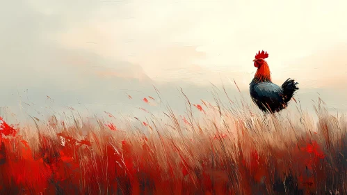 Rooster in Colorful Grassland