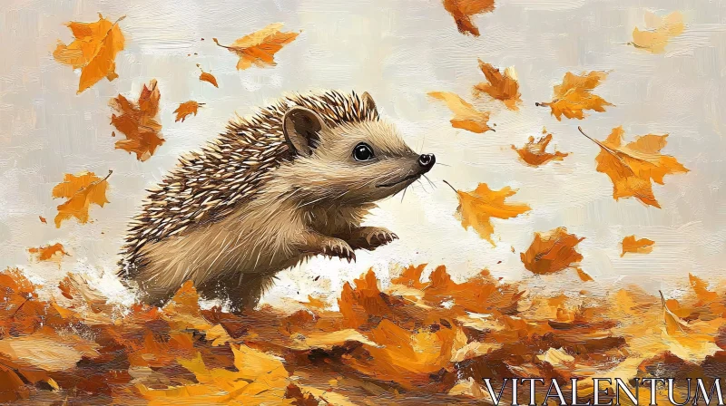 Hedgehog with Falling Leaves AI Image