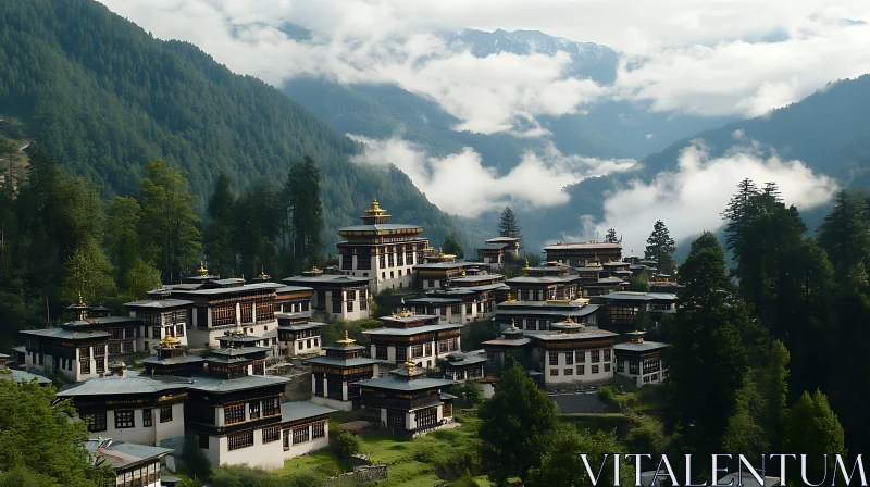 Traditional Architecture in Bhutan Mountains AI Image