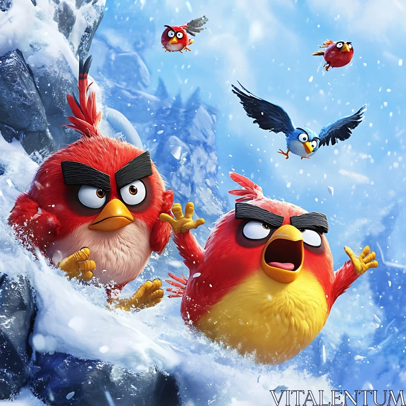 Humorous Angry Birds in Snowy Landscape AI Image