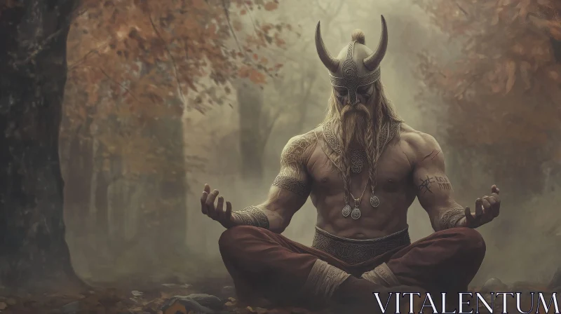 AI ART Meditative Viking Warrior in Autumn Forest