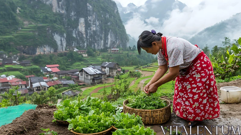 Rural Woman Gardening in Scenic Landscape AI Image