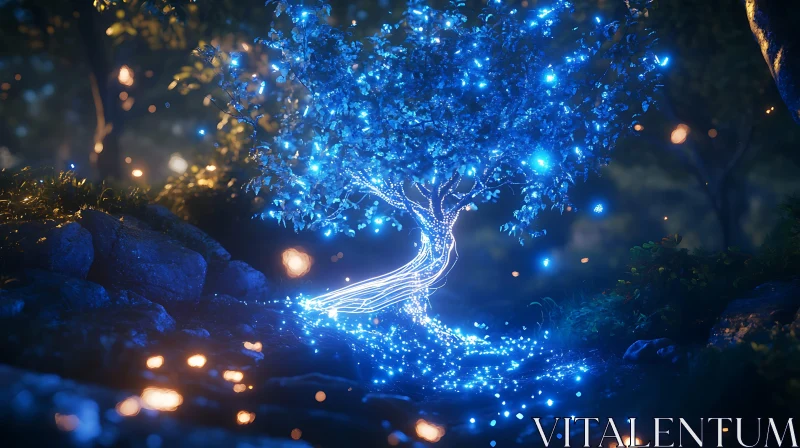 AI ART Mystical Tree with Blue Glowing Lights