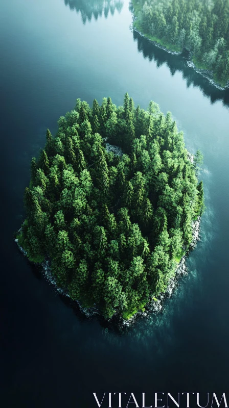 AI ART Aerial View of Forested Island in Calm Lake