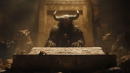 Horned Demon on Throne with Guardians