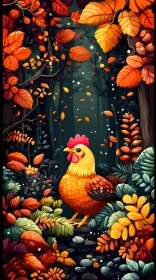 Colorful Rooster among Autumn Leaves