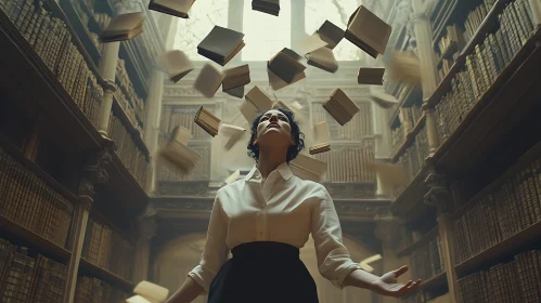 Woman in Library with Floating Books