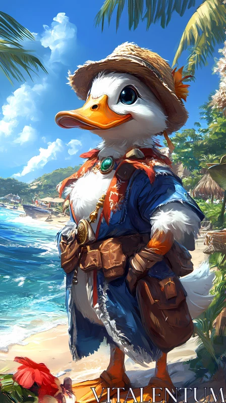 Adventurous Duck on a Sunny Beach AI Image