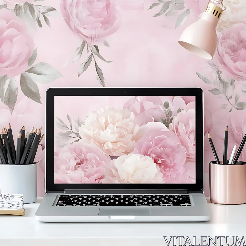 Chic Desk Setup with Floral Laptop Background AI Image