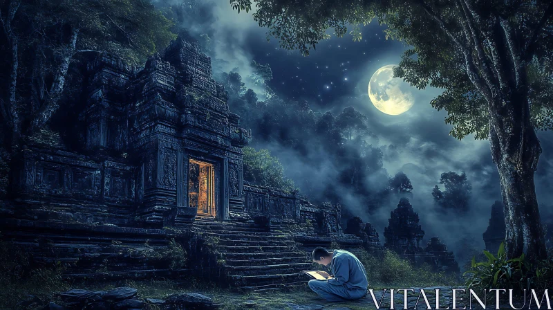 Ancient Temple Under Moonlight AI Image