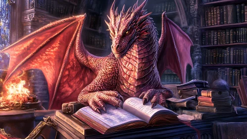 Red Dragon in Library Illustration