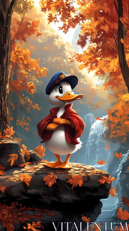 Duck in Red Cloak Amongst Autumn Leaves AI Image